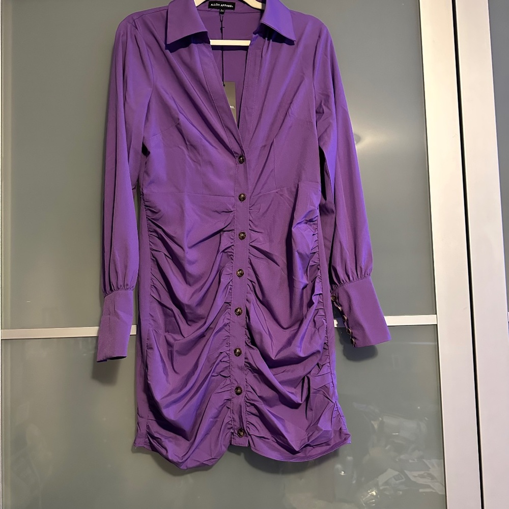NWT Purple Ruched Shirt Dress Size L
